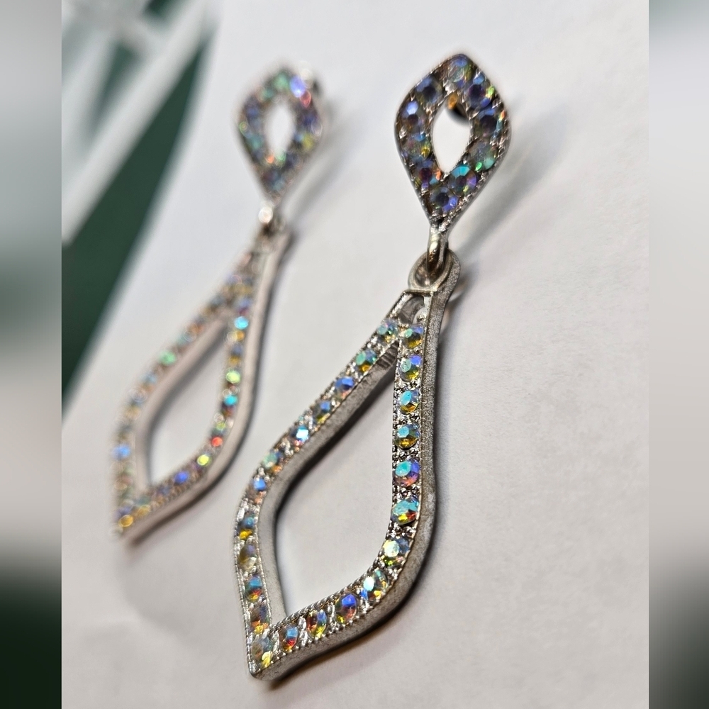 Silver Tone Multicolor AB Rhinestones Drop Earrings - Picture 3 of 16